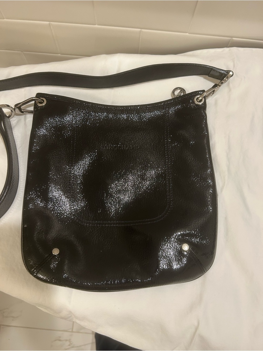 Longchamp Black Patent Leather Crossbody Shoulder Bag